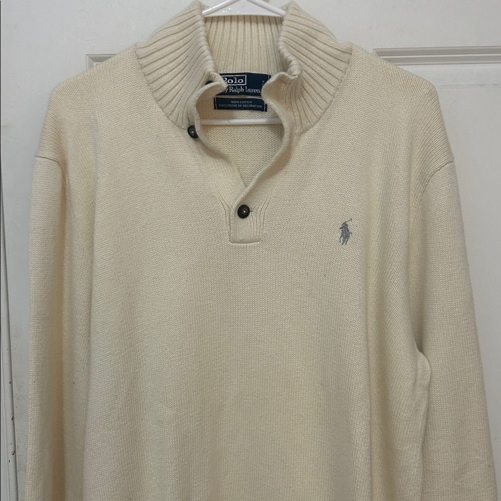 Polo Ralph Lauren Men's turtleneck Jumper Sweater size large ivory cotton Henley - Picture 3 of 7